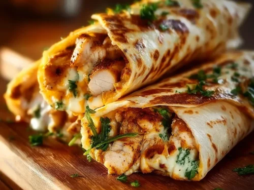 Delicious cheesy garlic chicken wraps ready to serve for dinner