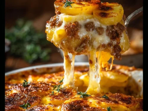 Cheesy hamburger potato casserole served in a baking dish