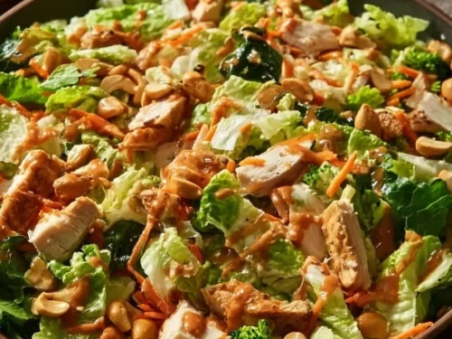 Healthy Chicken Cashew Crunch Salad with fresh vegetables and nuts