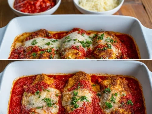 Delicious Chicken Parmesan with crispy chicken, marinara sauce, and melted cheese