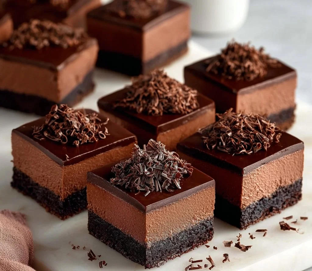 Decadent chocolate mousse brownies with a rich, creamy texture and chocolate topping.