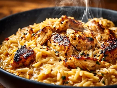 One-Pot Cajun Chicken Alfredo Orzo served in a bowl with fresh herbs