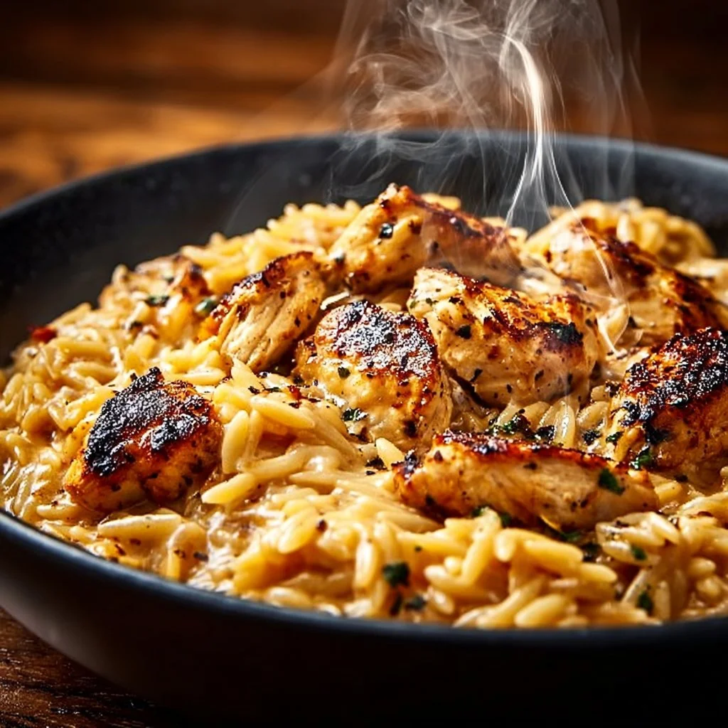 One-Pot Cajun Chicken Alfredo Orzo served in a bowl with fresh herbs