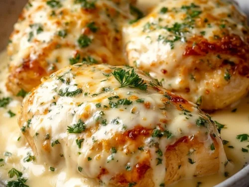 Cream Cheese Chicken Bake topped with herbs and spices, served on a plate.