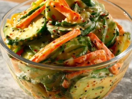 Creamy Asian cucumber salad bowl topped with fresh herbs and sesame seeds