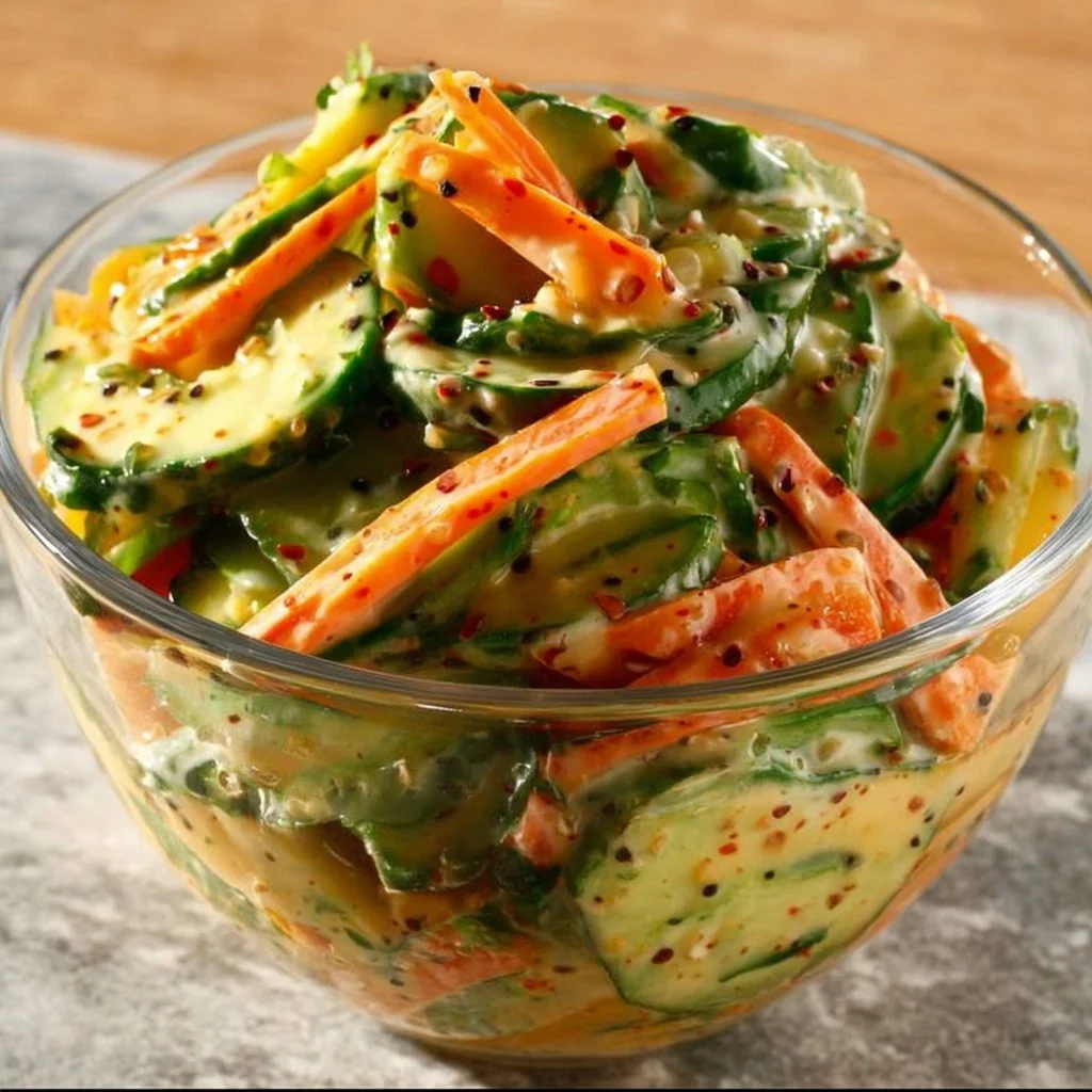 Creamy Asian cucumber salad bowl topped with fresh herbs and sesame seeds