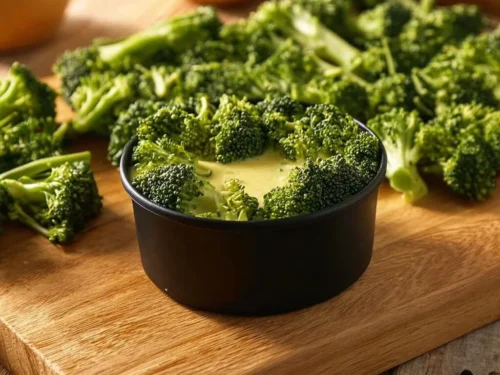 Bowl of creamy broccoli cheddar soup topped with cheese and fresh broccoli