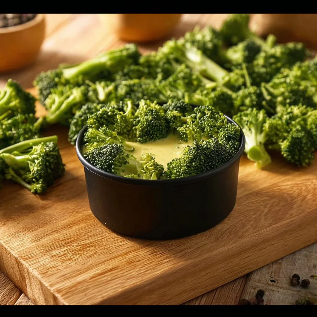Bowl of creamy broccoli cheddar soup topped with cheese and fresh broccoli