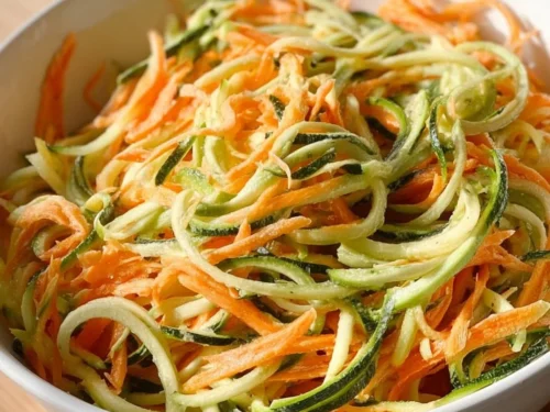 Creamy cucumber and carrot salad in a bowl garnished with herbs