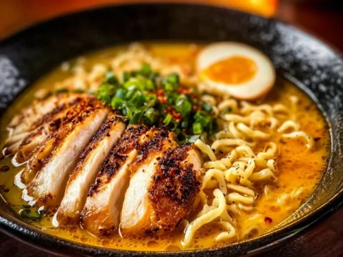 Bowl of creamy garlic chicken ramen garnished with green onions and herbs
