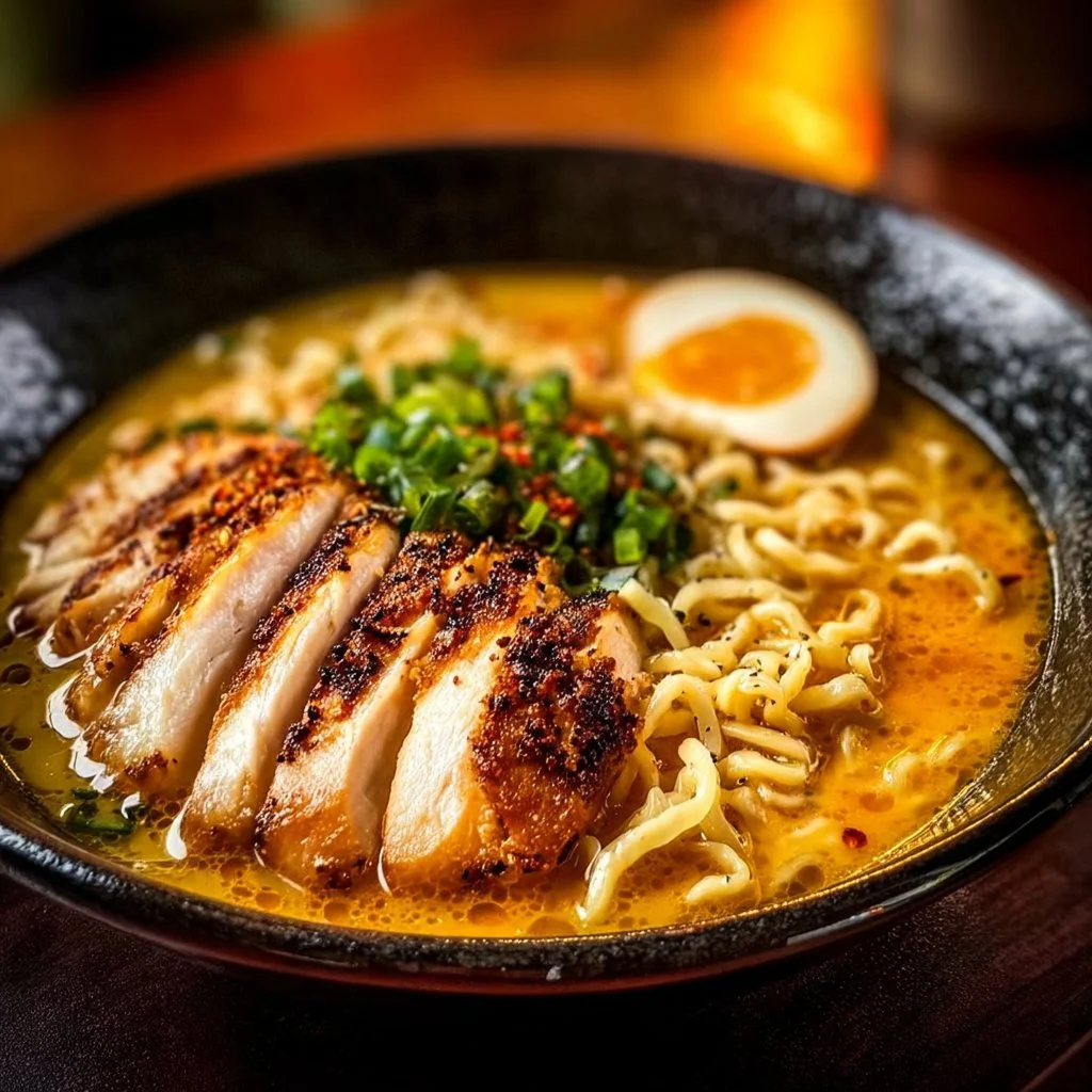 Bowl of creamy garlic chicken ramen garnished with green onions and herbs