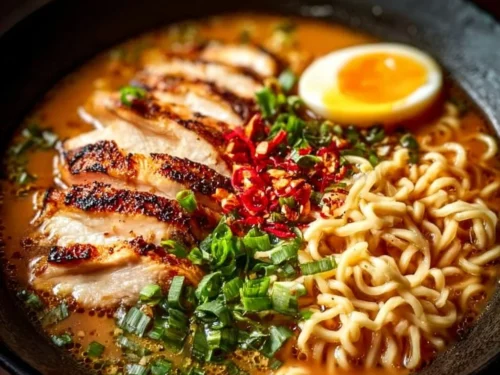 Delicious creamy garlic chicken ramen in a bowl, garnished with herbs.