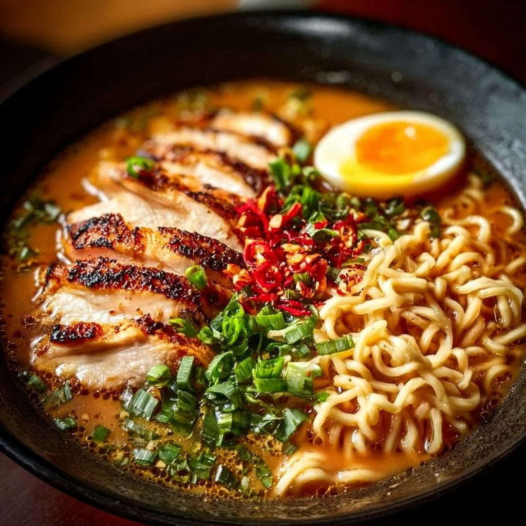 Delicious creamy garlic chicken ramen in a bowl, garnished with herbs.