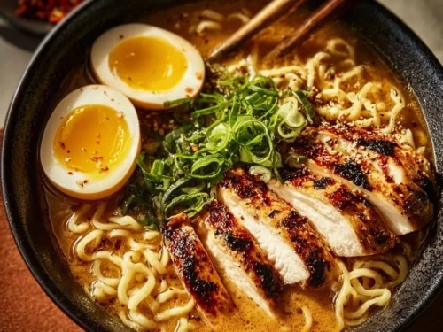A bowl of creamy garlic chicken ramen garnished with herbs and spices