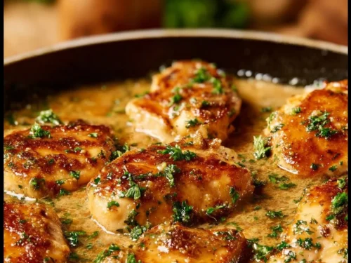 Creamy garlic parmesan chicken dish served with herbs and cheese