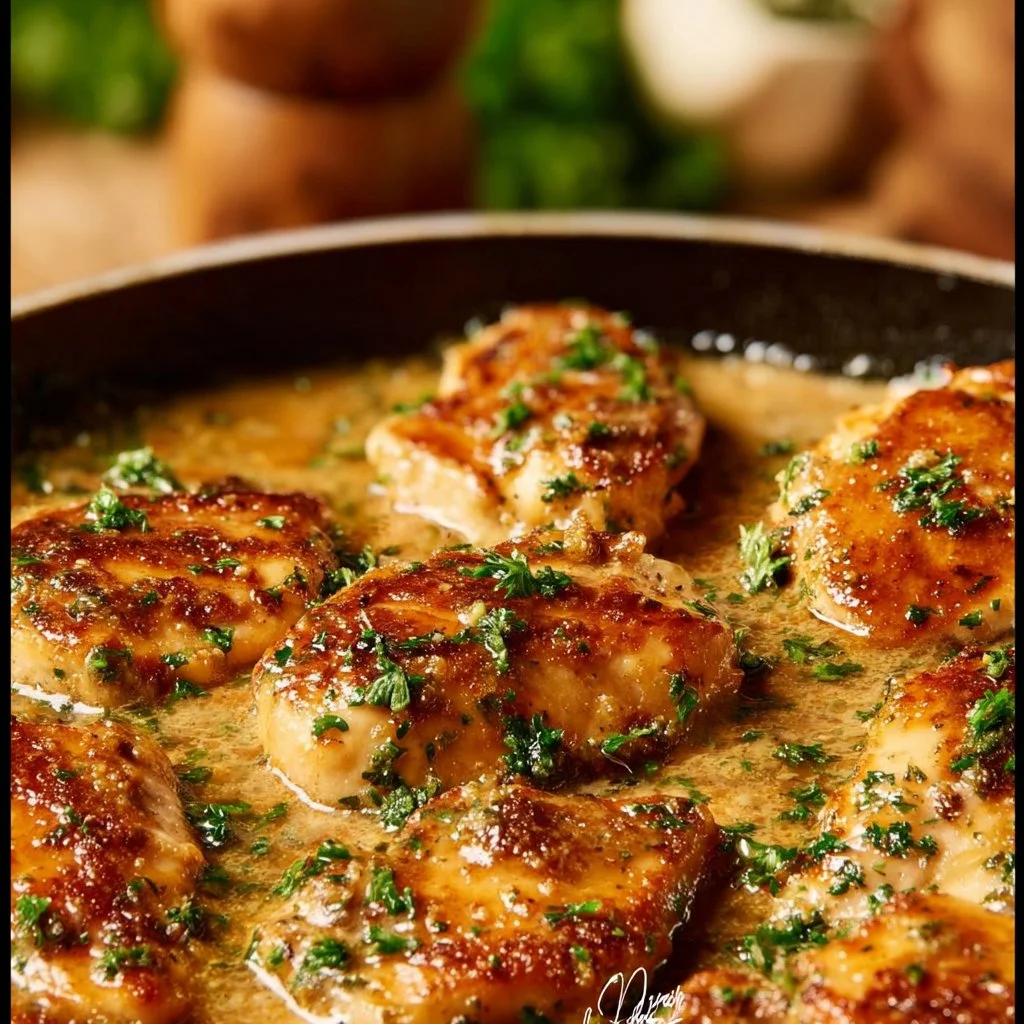 Creamy garlic parmesan chicken dish served with herbs and cheese