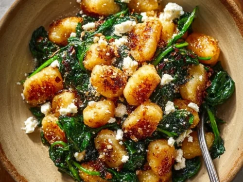 Creamy gnocchi dish with spinach and feta cheese on a plate