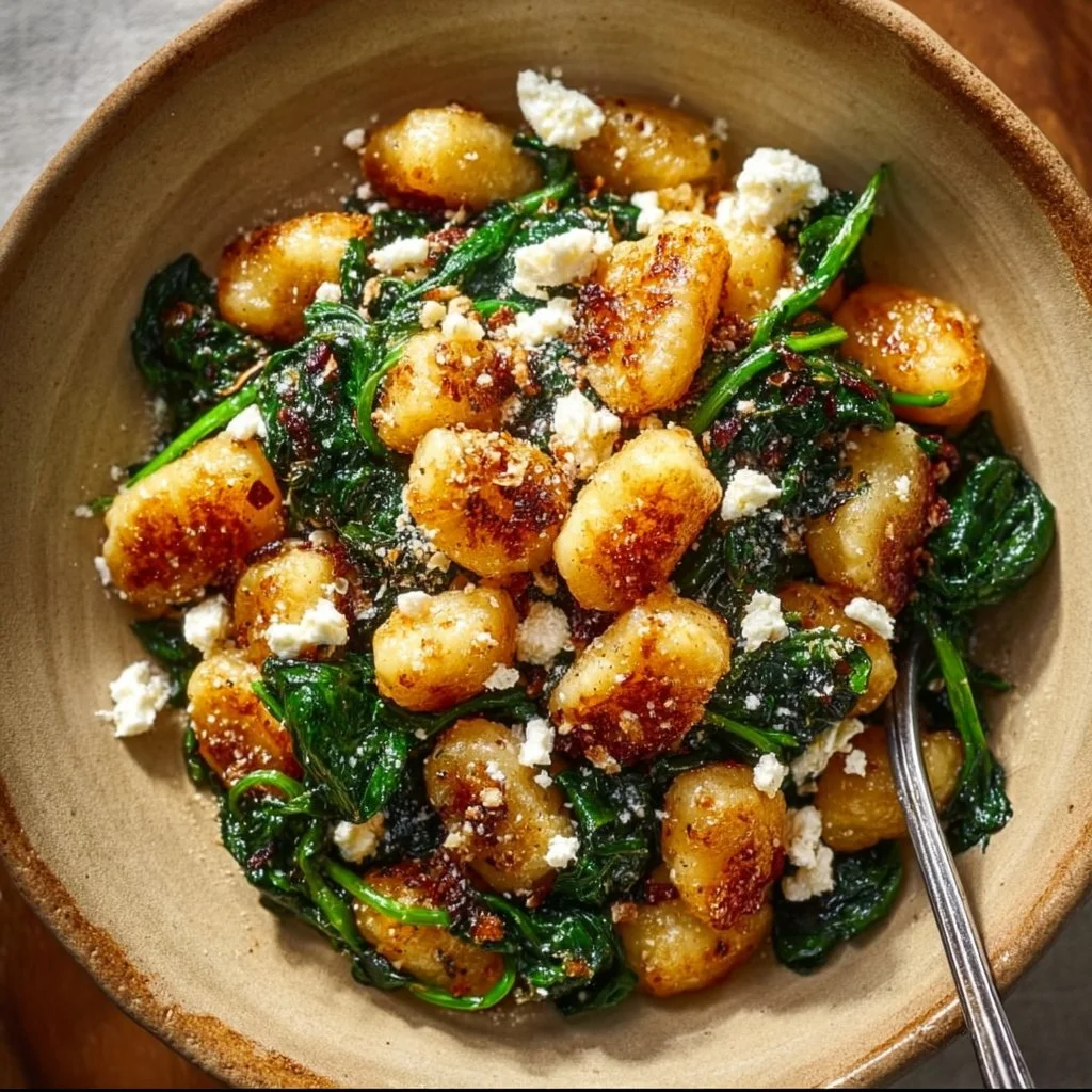 Creamy gnocchi dish with spinach and feta cheese on a plate