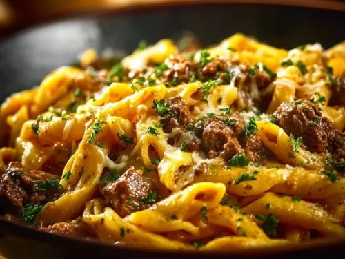 A bowl of creamy high protein beef pasta garnished with herbs