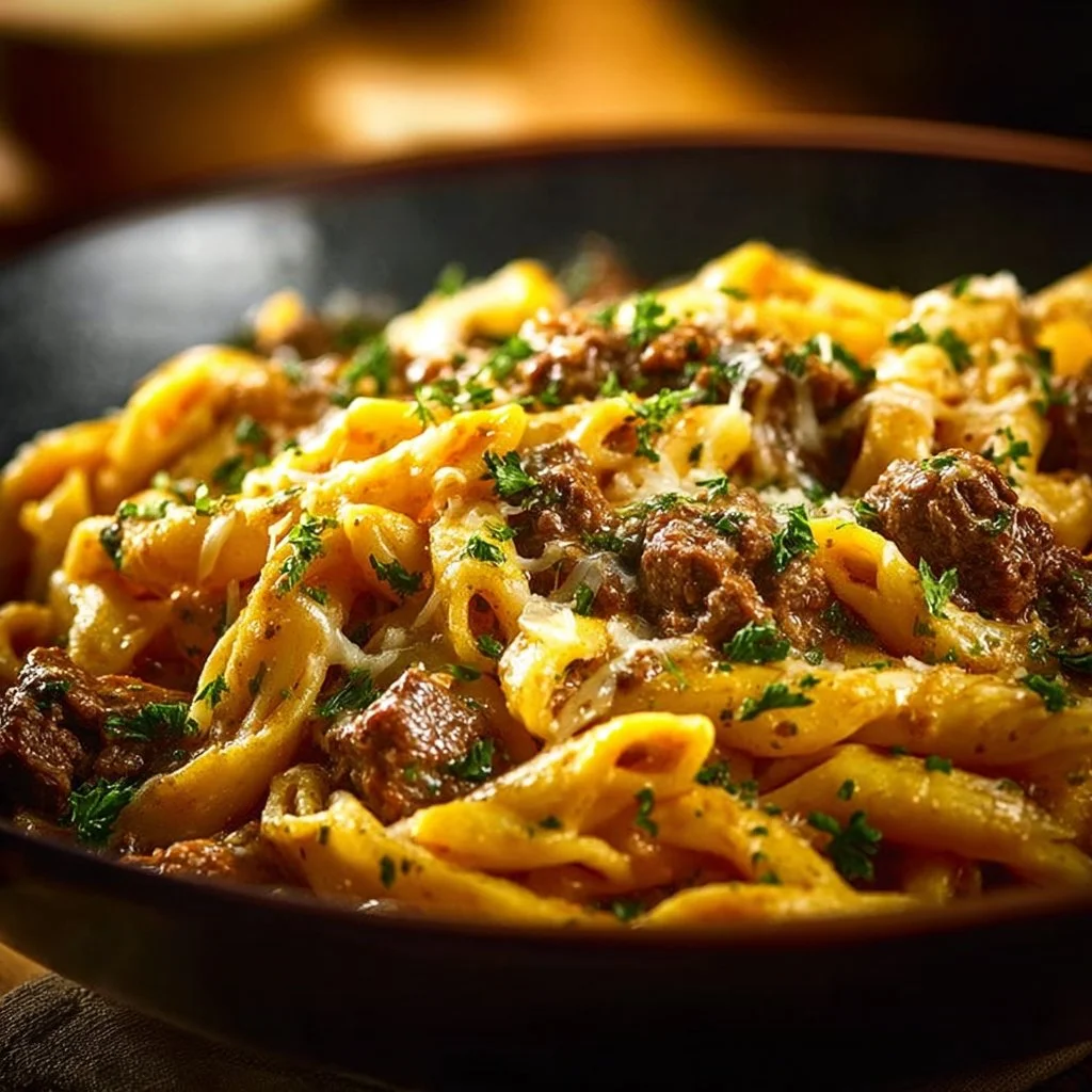 A bowl of creamy high protein beef pasta garnished with herbs