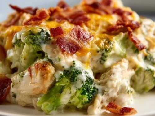 Creamy low carb chicken casserole with broccoli and bacon dish