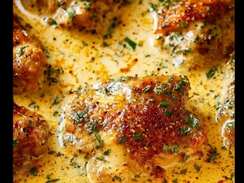 Creamy oven-baked chicken thighs served on a plate with herbs