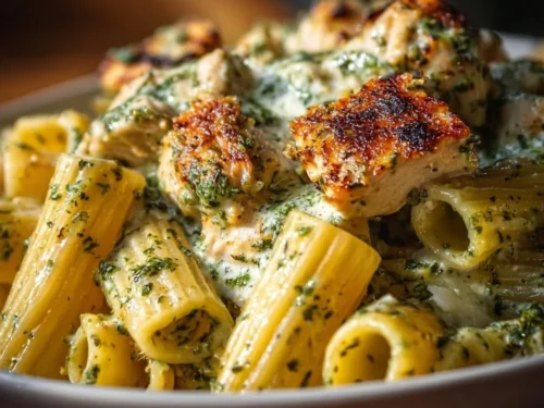 Creamy pesto chicken pasta bake for a family dinner