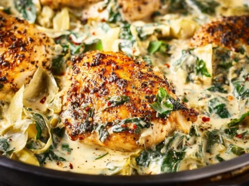 Creamy spinach artichoke chicken skillet served in a cast-iron pan