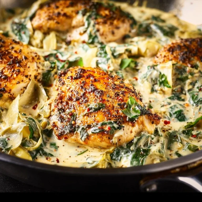 Creamy spinach artichoke chicken skillet served in a cast-iron pan