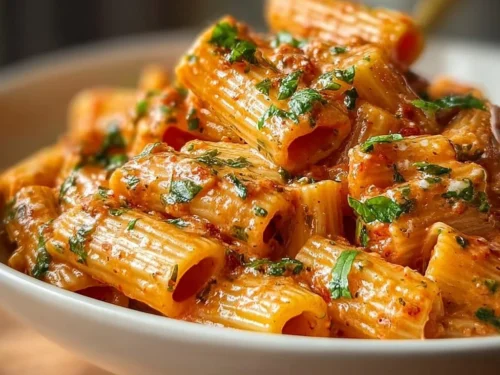 Plate of creamy tomato garlic pasta with fresh ingredients and herbs