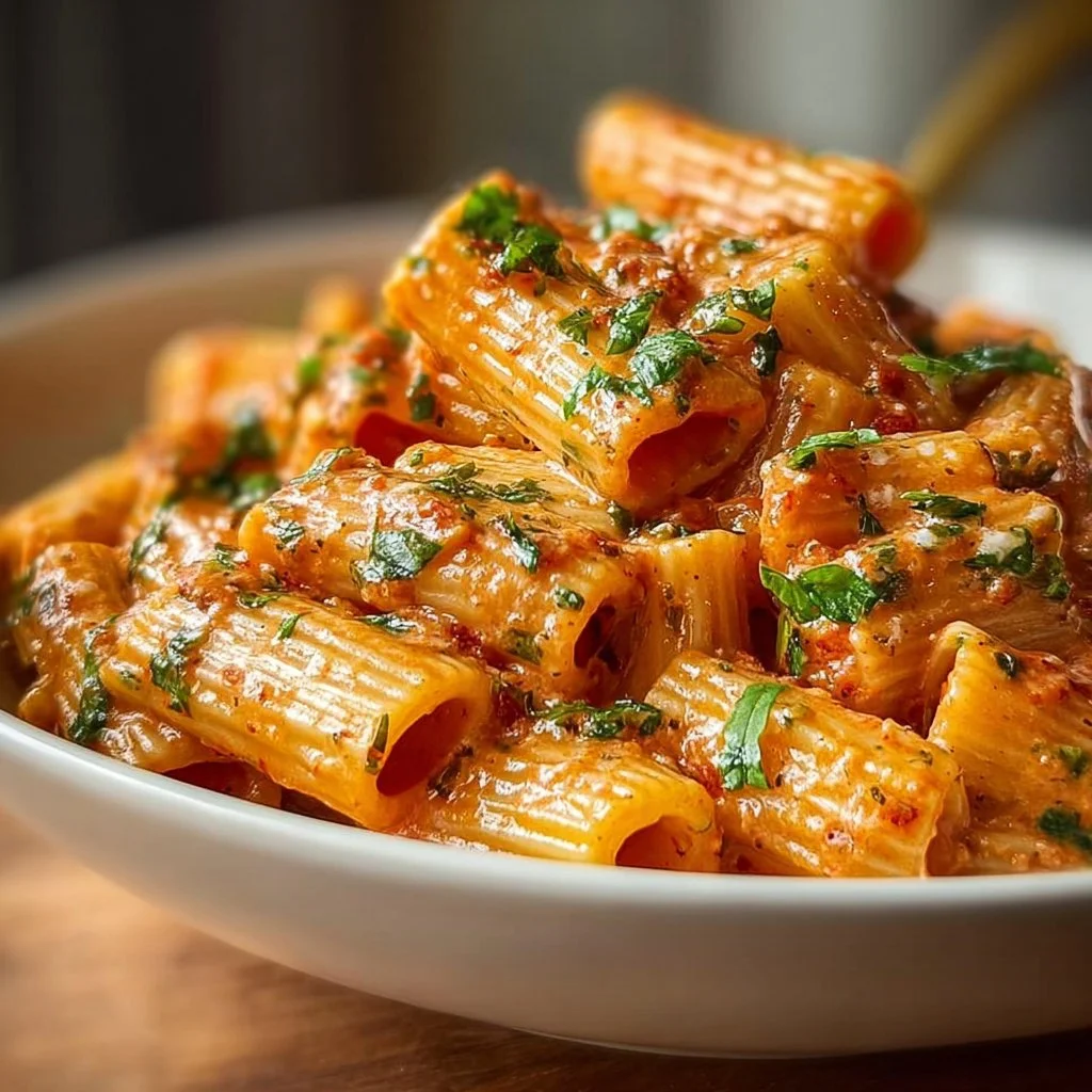 Plate of creamy tomato garlic pasta with fresh ingredients and herbs