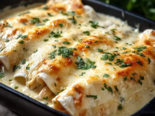 Delicious creamy white chicken enchiladas served on a plate garnished with cilantro.