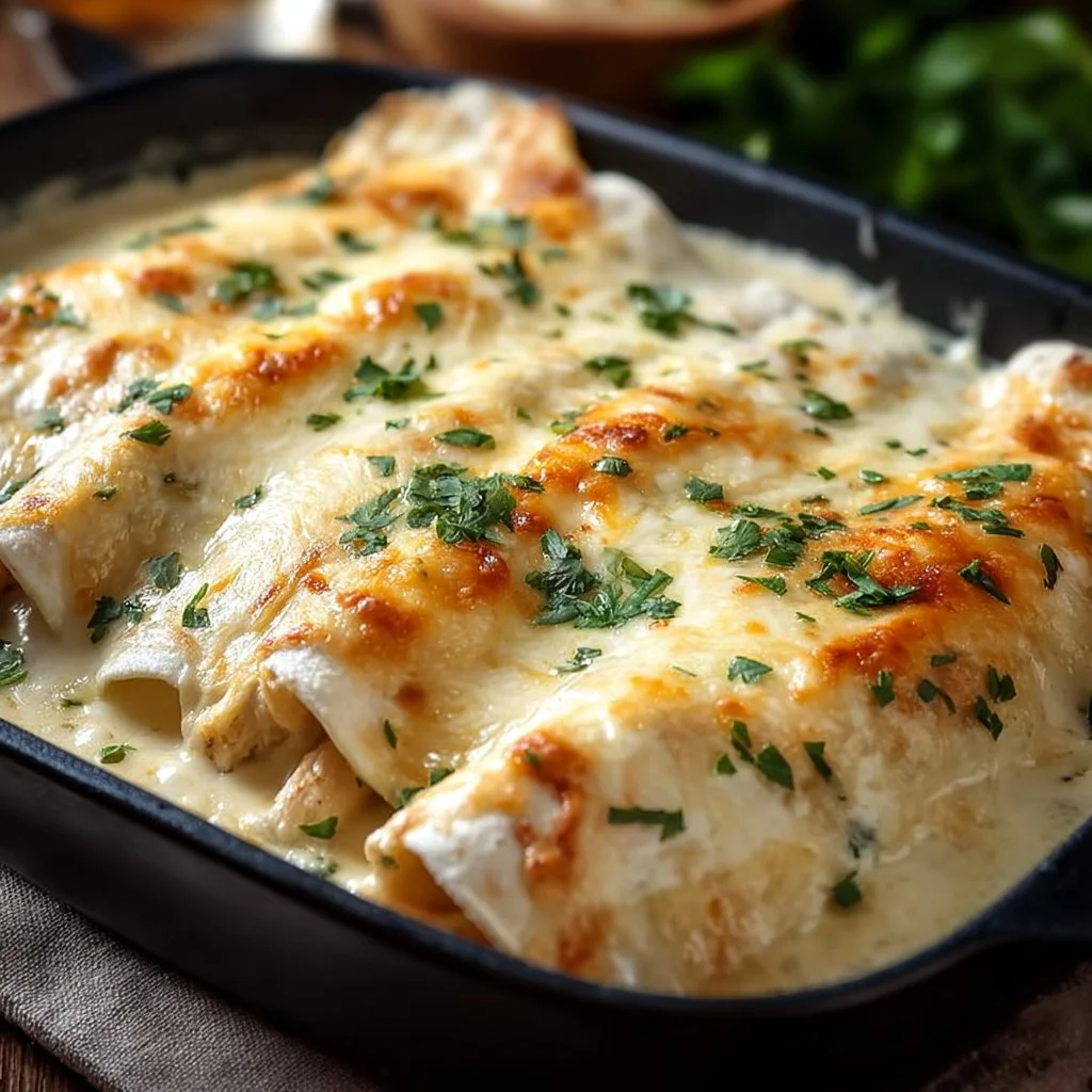 Delicious creamy white chicken enchiladas served on a plate garnished with cilantro.