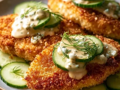 Crispy Dill Pickle Chicken served with parmesan cheese and fresh herbs.