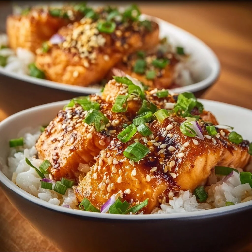 Crispy Salmon and Rice Bowl garnished with fresh vegetables