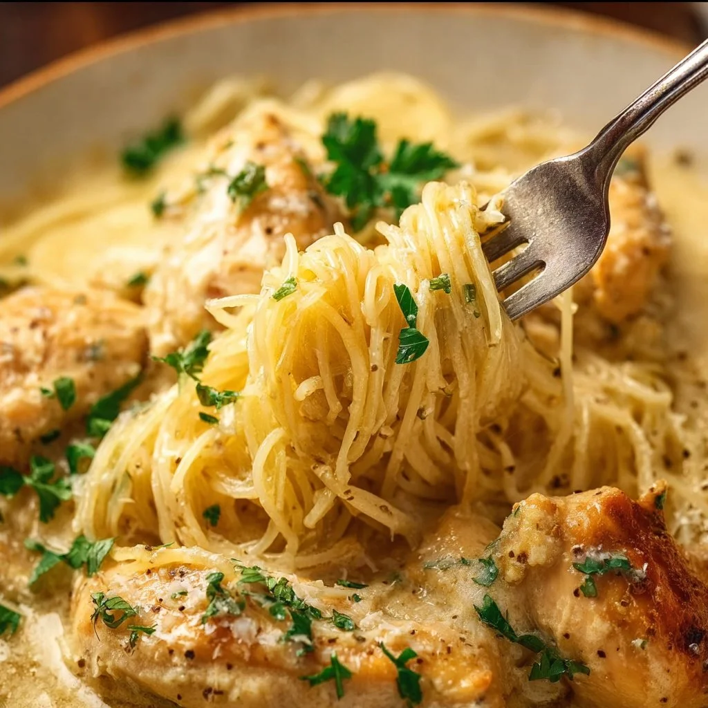 Delicious Crock Pot Angel Chicken with creamy sauce and pasta