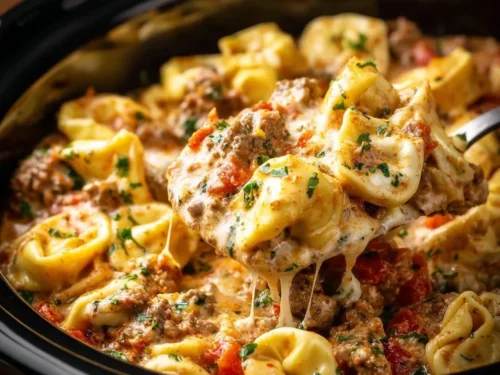 Delicious Crock Pot cheesesteak tortellini recipe for easy comfort food