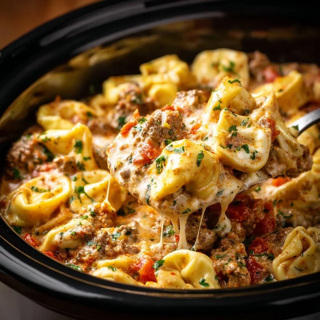 Delicious Crock Pot cheesesteak tortellini recipe for easy comfort food