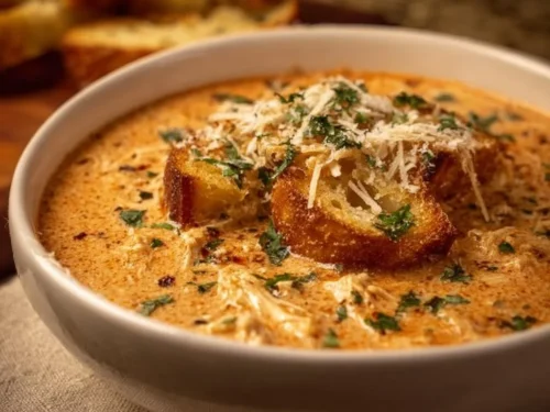 Bowl of creamy Parmesan chicken soup made in a crock pot with fresh ingredients