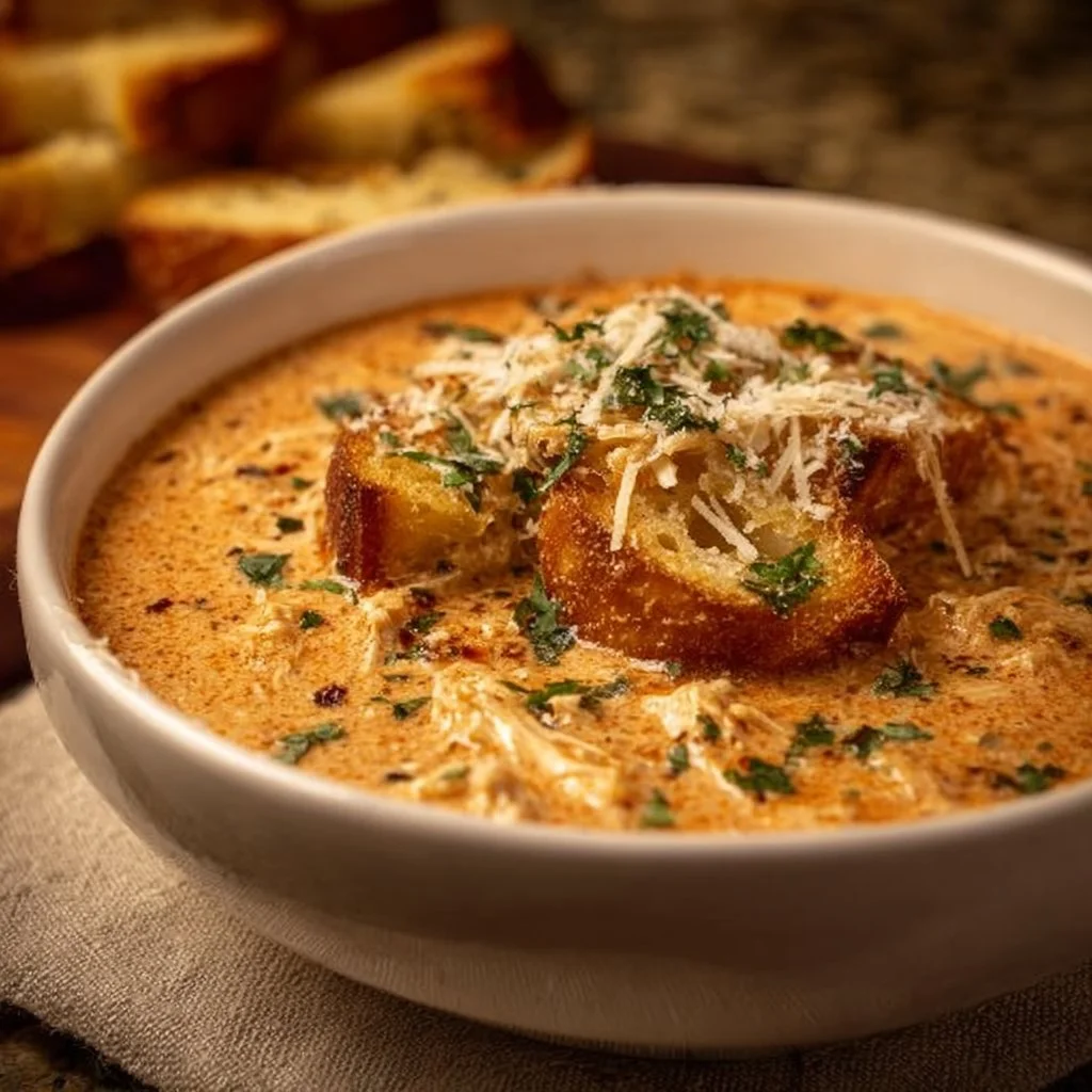 Bowl of creamy Parmesan chicken soup made in a crock pot with fresh ingredients