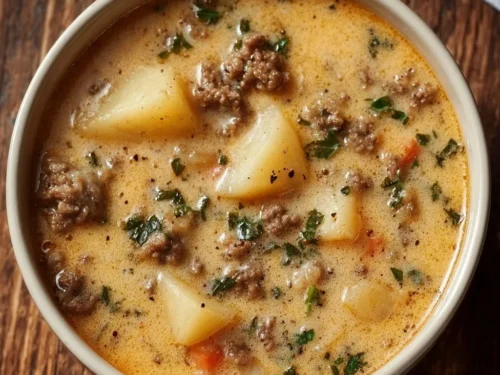 Crockpot creamy potato hamburger soup with ground beef in a delicious bowl.