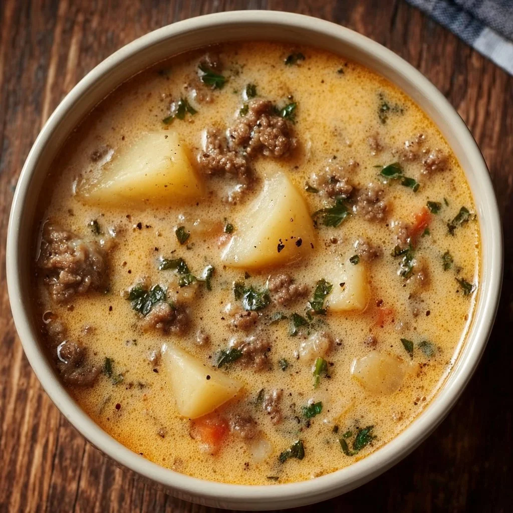 Crockpot creamy potato hamburger soup with ground beef in a delicious bowl.