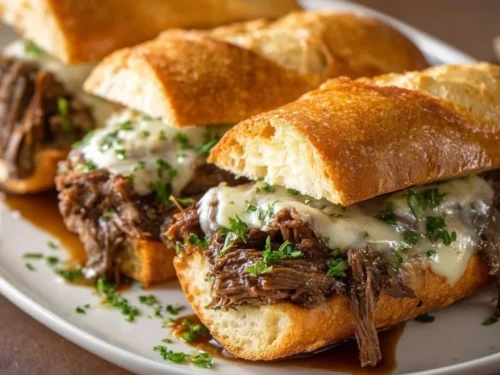Delicious Crockpot French Dip Sandwiches ready for serving with warm au jus.