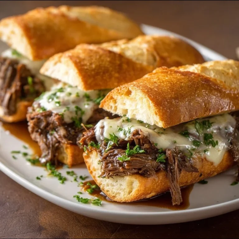 Delicious Crockpot French Dip Sandwiches ready for serving with warm au jus.