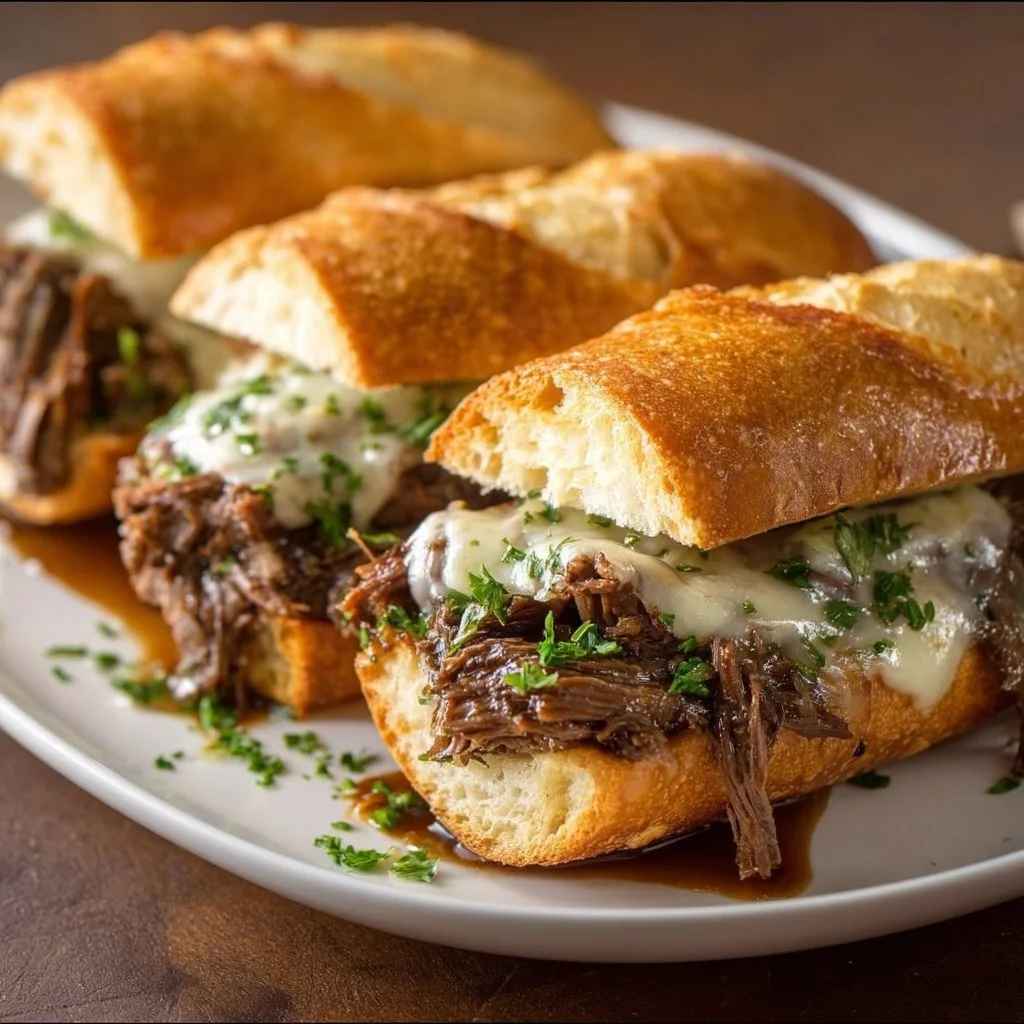 Delicious Crockpot French Dip Sandwiches ready for serving with warm au jus.