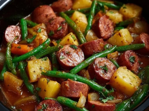 Crockpot Kielbasa with Green Beans in a slow cooker served on a plate.
