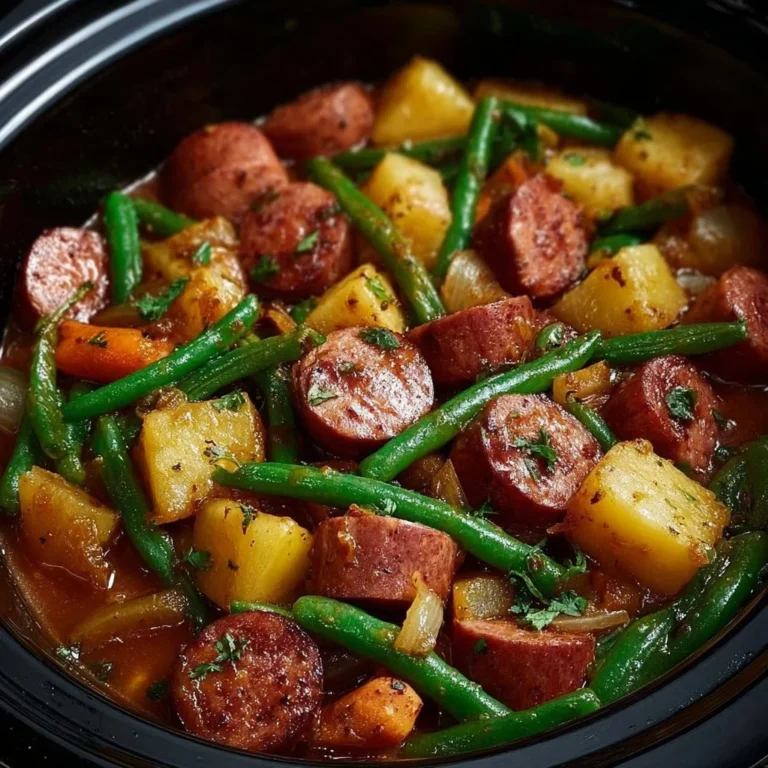 Crockpot Kielbasa with Green Beans in a slow cooker served on a plate.