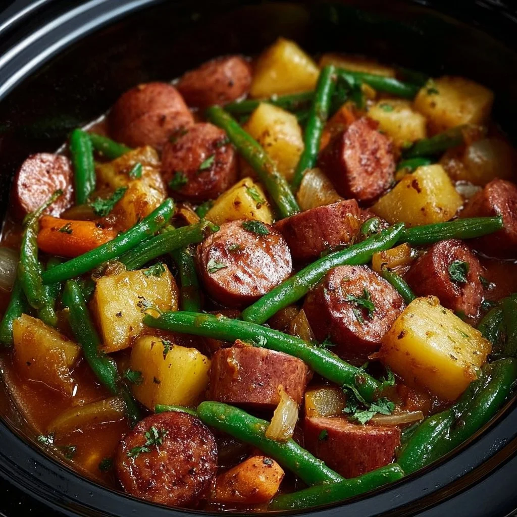Crockpot Kielbasa with Green Beans in a slow cooker served on a plate.
