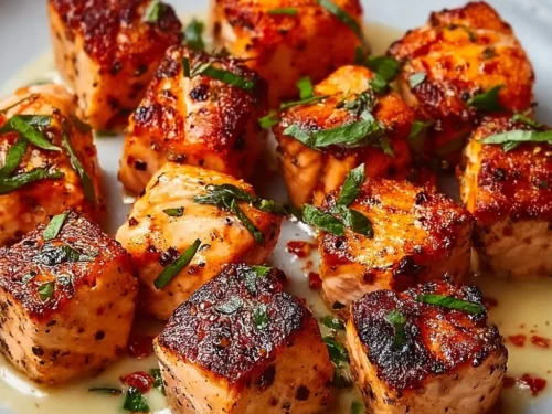 Plate of Bang Bang Salmon Bites garnished with herbs, a healthy dinner option.