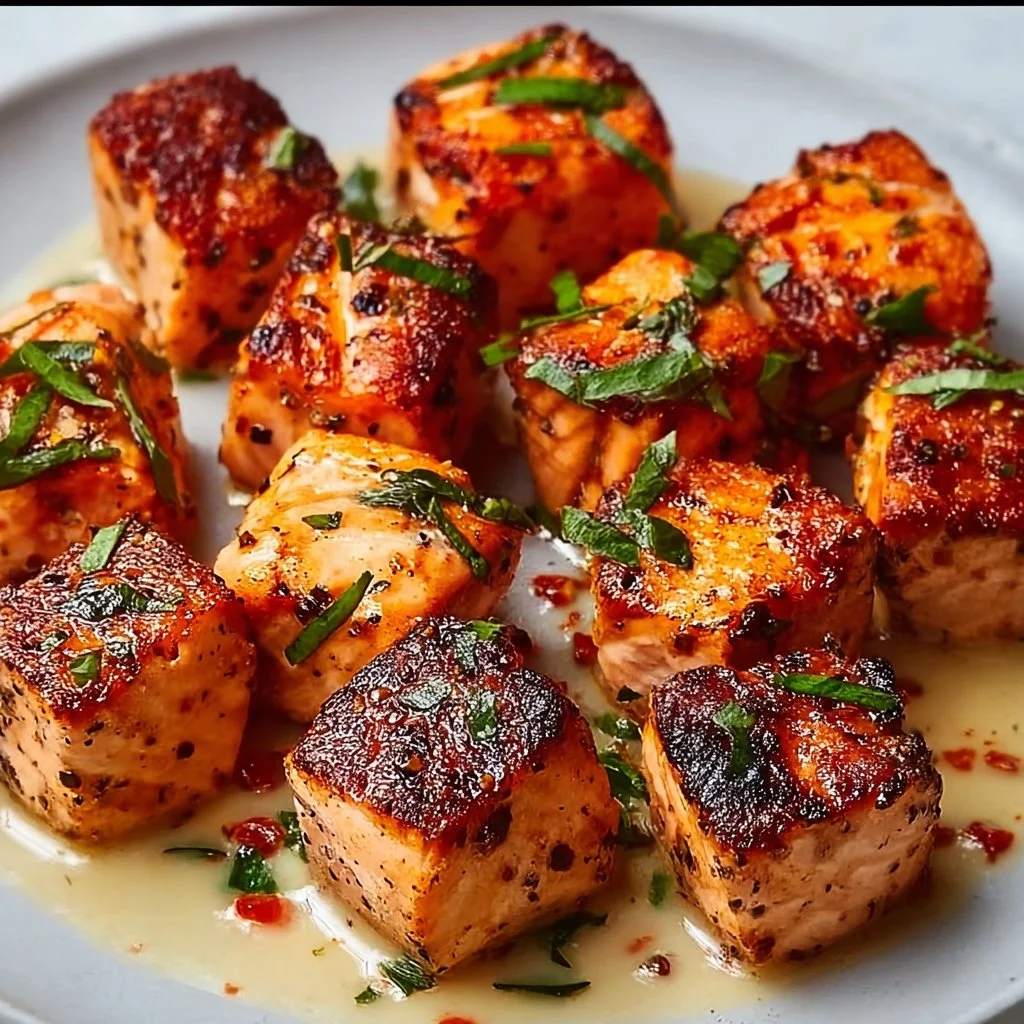 Plate of Bang Bang Salmon Bites garnished with herbs, a healthy dinner option.